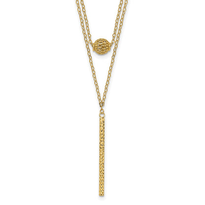 14K Yellow Gold Double Layer Hollow Bead D/C Bar 2 In Necklace