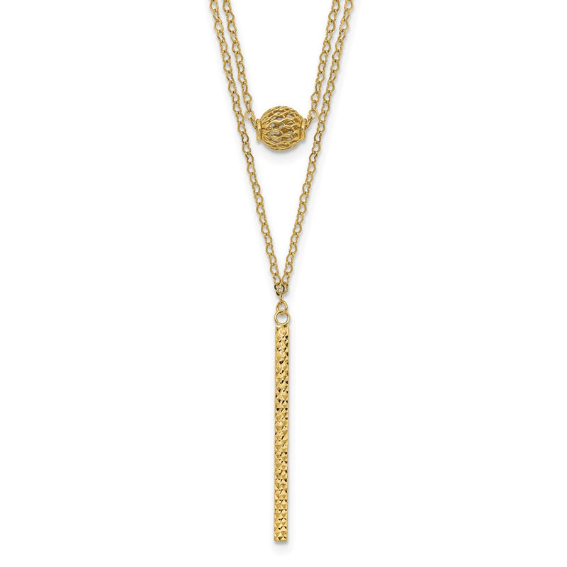 14K Yellow Gold Double Layer Hollow Bead D/C Bar 2 In Necklace