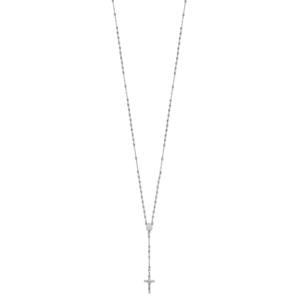 14K White Gold Polished Faceted Beads Rosary 18 Inch Necklace
