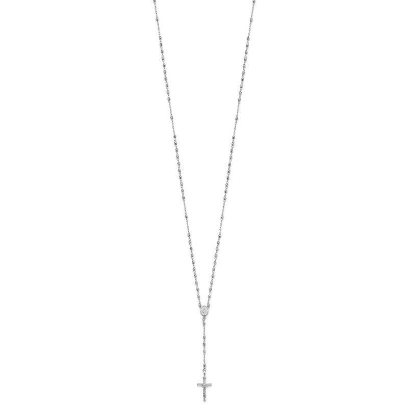 14K White Gold Polished Faceted Beads Rosary 18 Inch Necklace