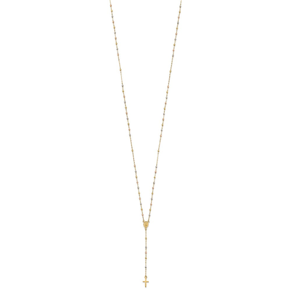 14K Tri-Color Beaded Rosary 17 Inch Necklace With 3 Extension