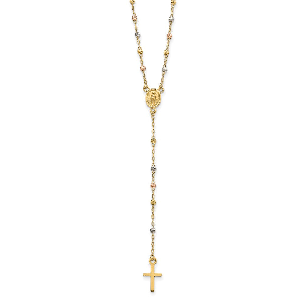 14K Tri-Color Beaded Rosary 17 Inch Necklace With 3 Extension