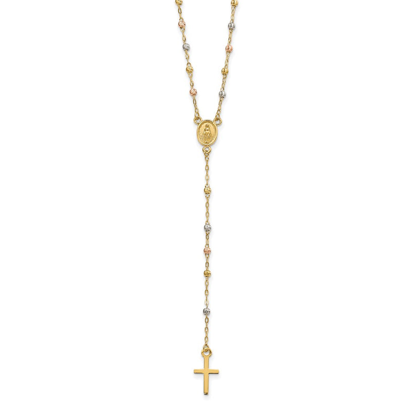 14K Tri-Color Beaded Rosary 17 Inch Necklace With 3 Extension