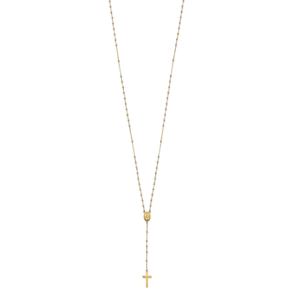 14K Tri-Color Bead Rosary 17 Inch Neckalce With 3 Extension