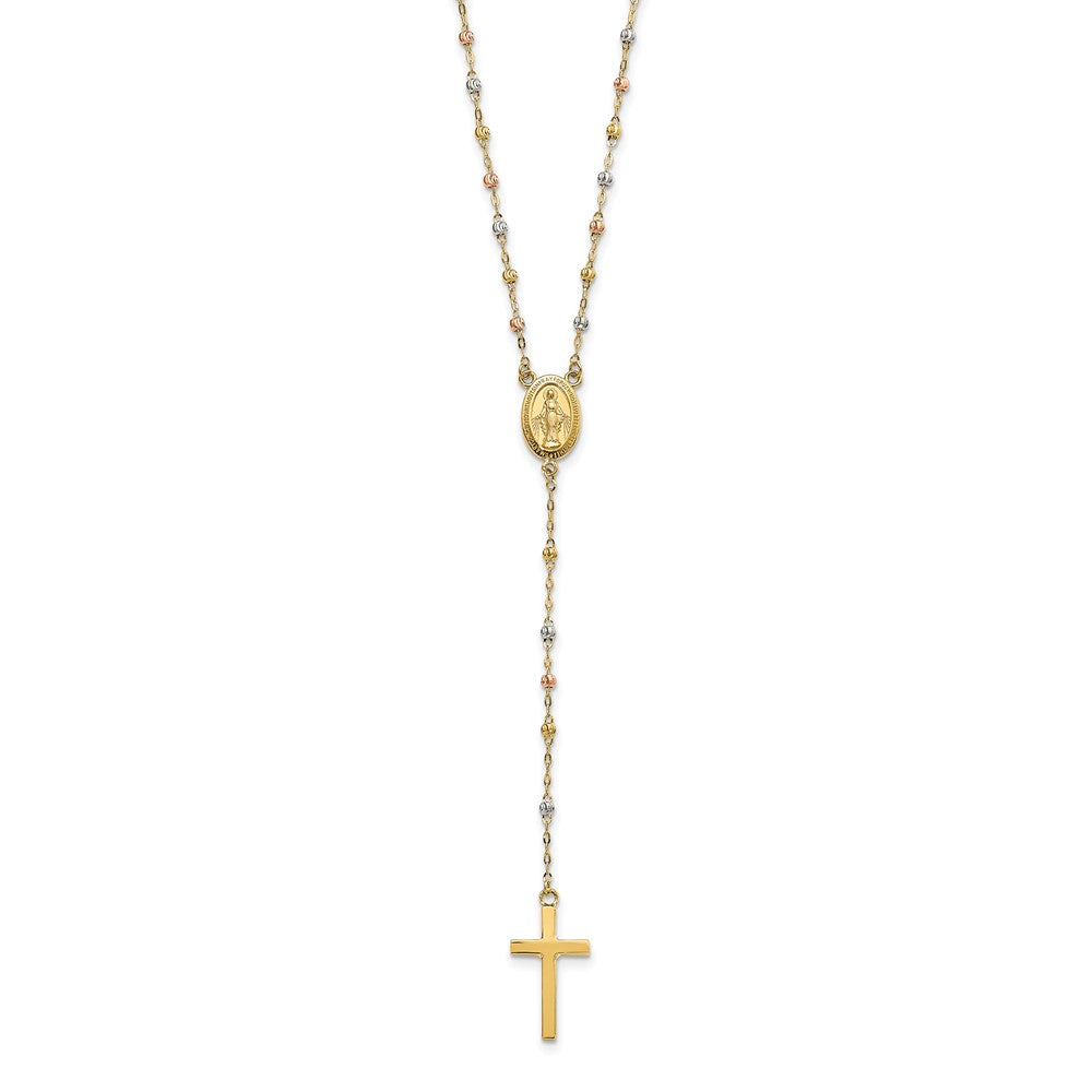 14K Tri-Color Bead Rosary 17 Inch Neckalce With 3 Extension