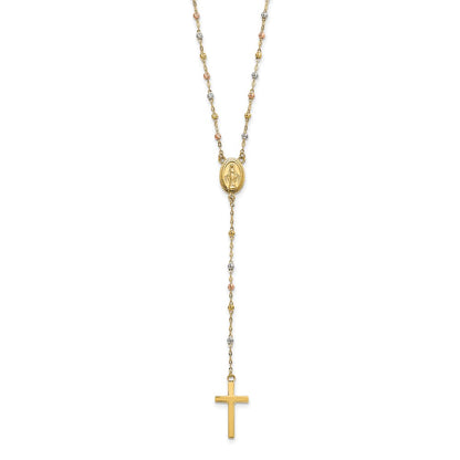 14K Tri-Color Bead Rosary 17 Inch Neckalce With 3 Extension