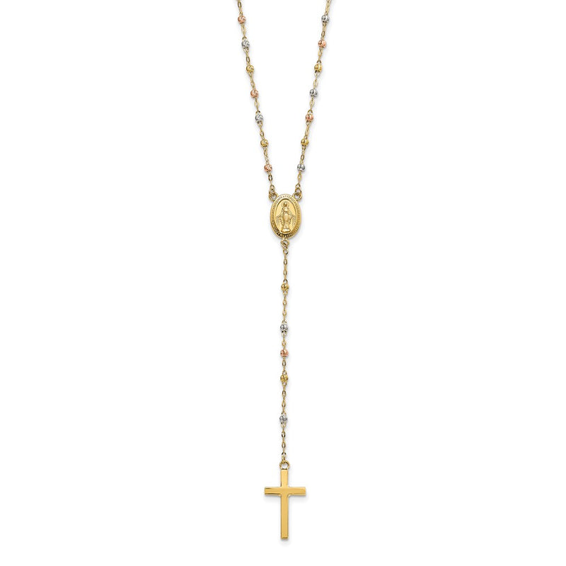 14K Tri-Color Bead Rosary 17 Inch Neckalce With 3 Extension