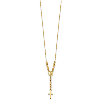 14K Yellow Gold Polished D/C Bead Miraculous Medal And Cross 17In Necklace