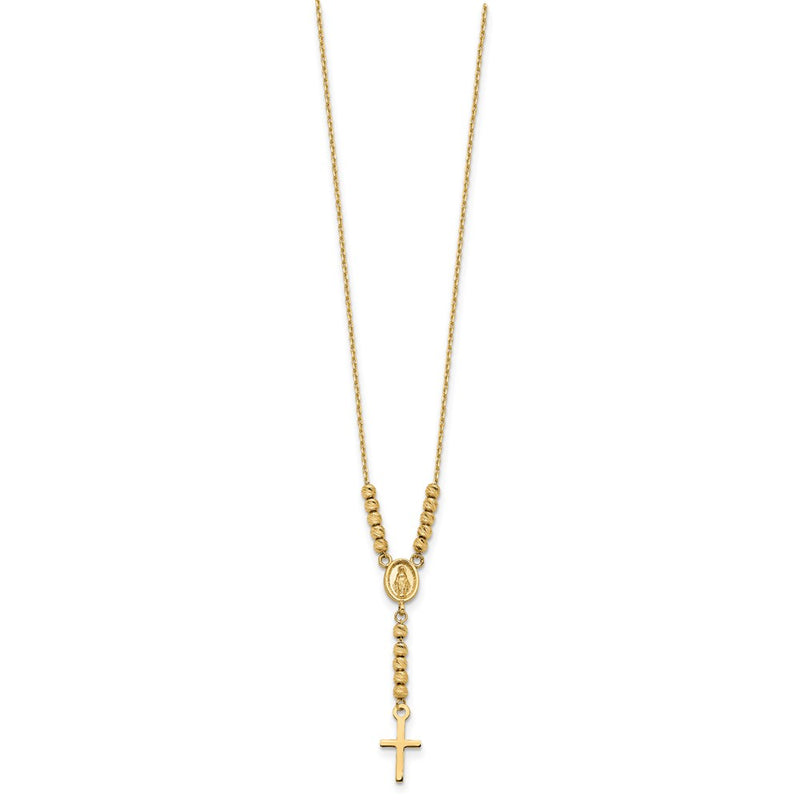14K Yellow Gold Polished D/C Bead Miraculous Medal And Cross 17In Necklace