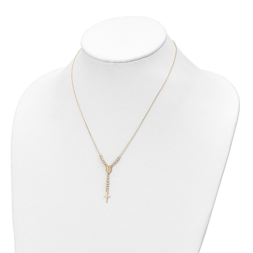 14K Yellow Gold Polished D/C Bead Miraculous Medal And Cross 17In Necklace
