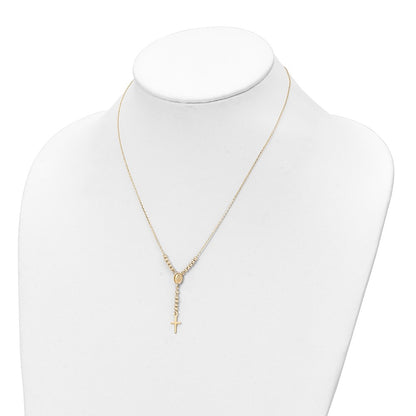 14K Yellow Gold Polished D/C Bead Miraculous Medal And Cross 17In Necklace