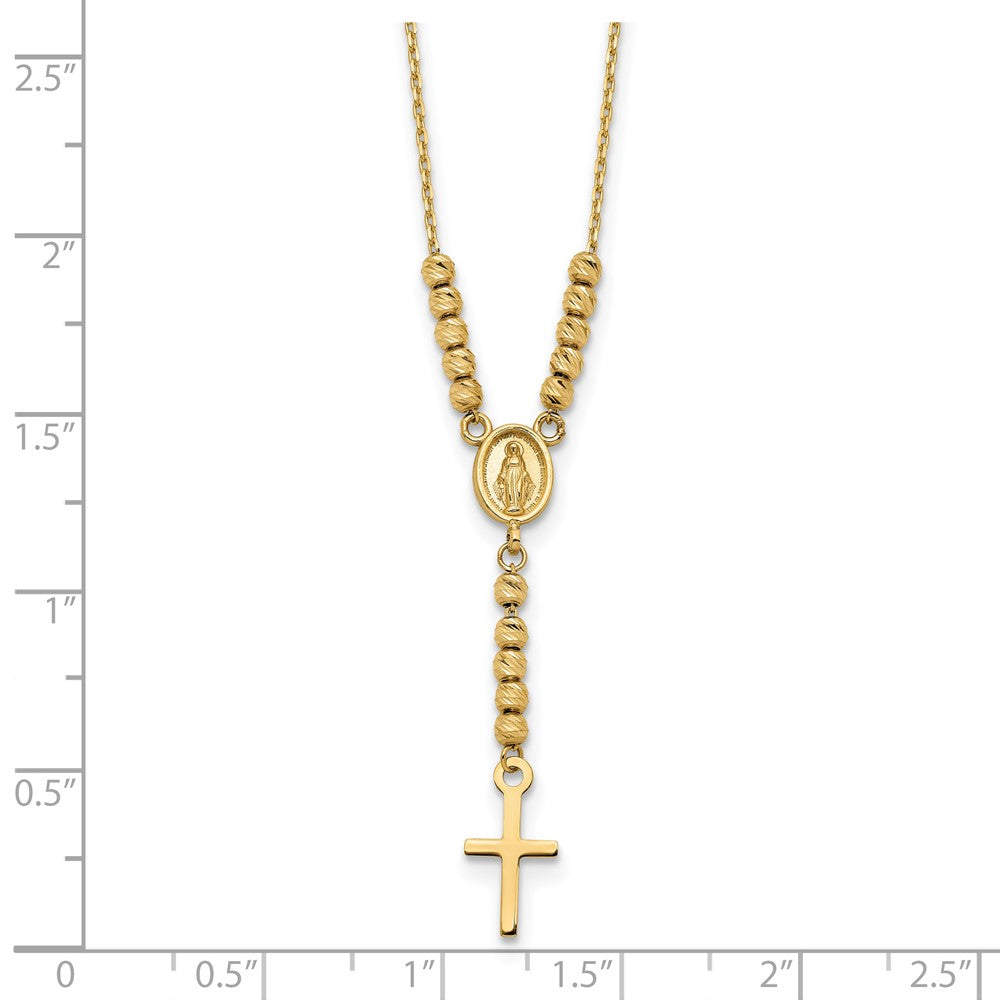 14K Yellow Gold Polished D/C Bead Miraculous Medal And Cross 17In Necklace