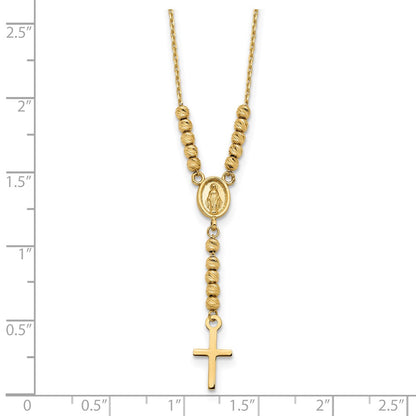14K Yellow Gold Polished D/C Bead Miraculous Medal And Cross 17In Necklace