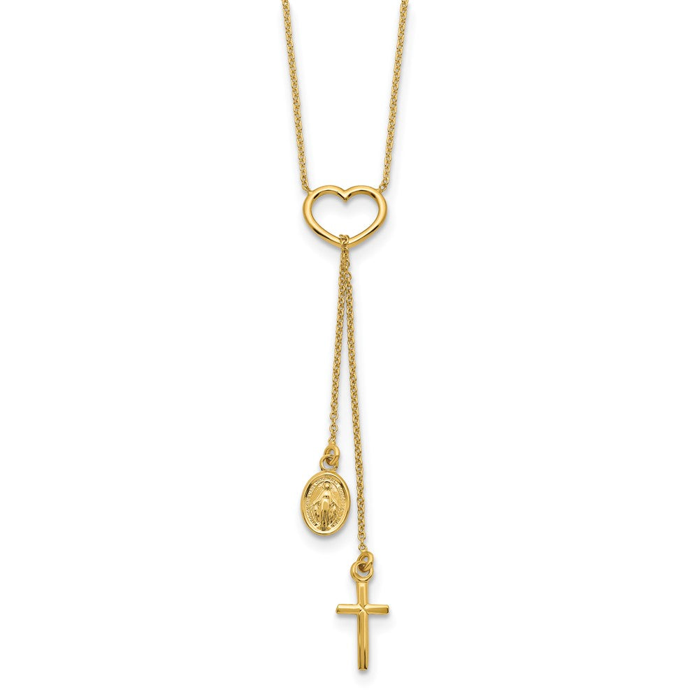 14K Yellow Gold Polished Heart With Dangle Cross And Religious Medal Necklace