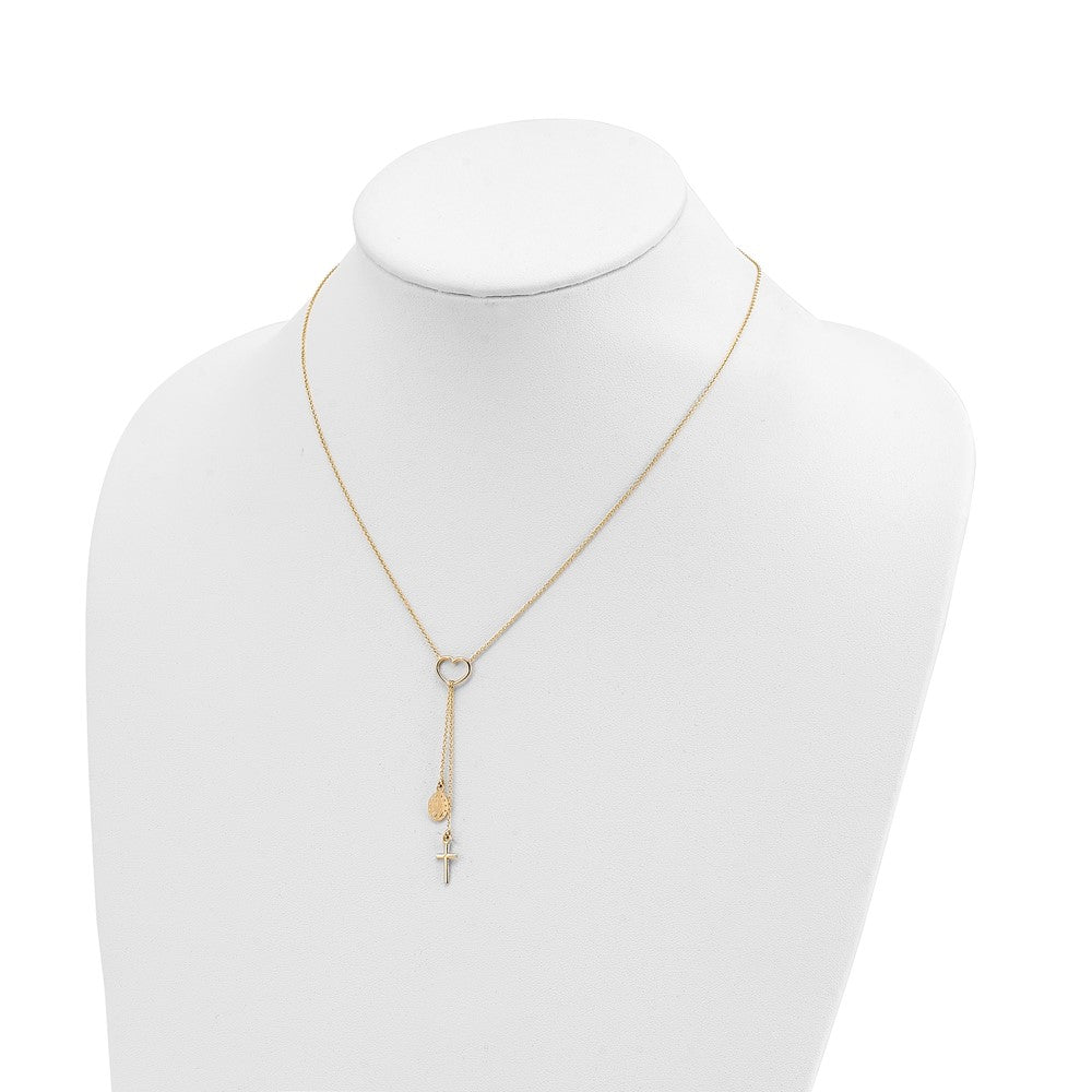 14K Yellow Gold Polished Heart With Dangle Cross And Religious Medal Necklace