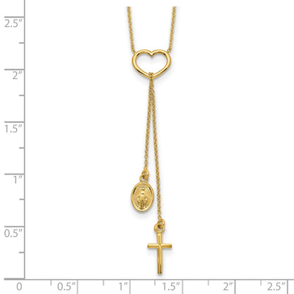 14K Yellow Gold Polished Heart With Dangle Cross And Religious Medal Necklace