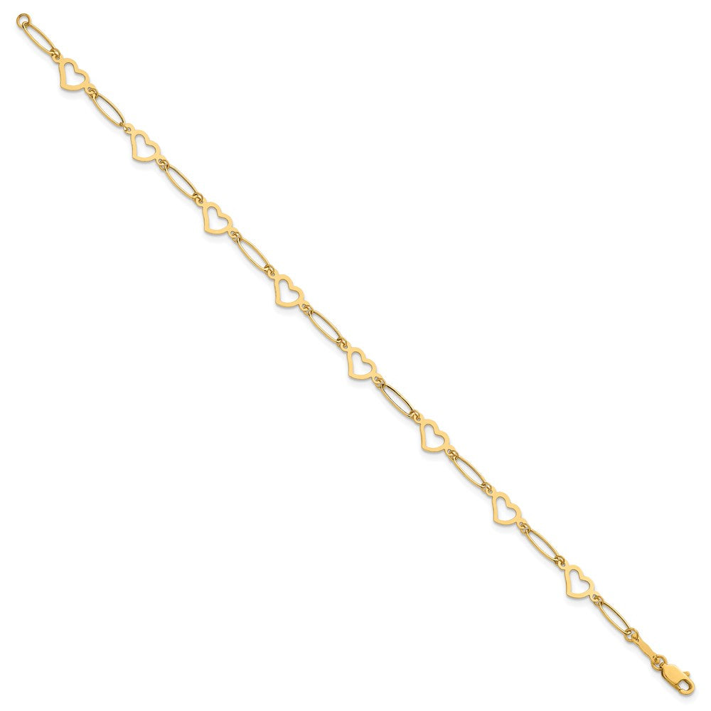 14K Yellow Gold Polished Oval Link and Hearts 7.5in Bracelet
