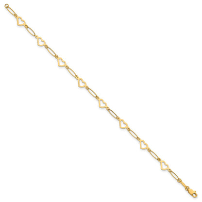 14K Yellow Gold Polished Oval Link and Hearts 7.5in Bracelet