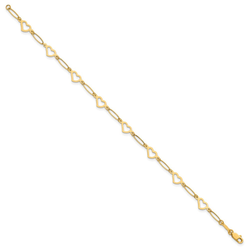 14K Yellow Gold Polished Oval Link and Hearts 7.5in Bracelet