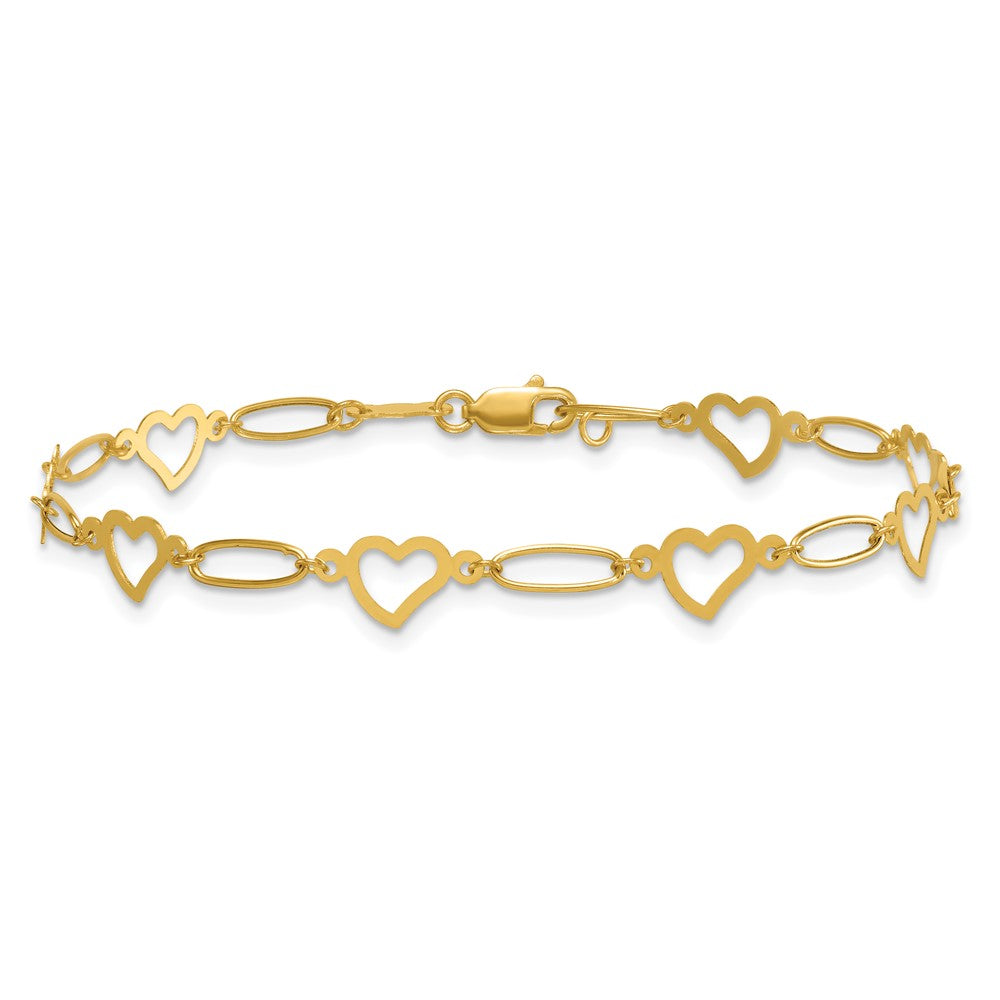 14K Yellow Gold Polished Oval Link and Hearts 7.5in Bracelet