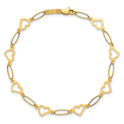 14K Yellow Gold Polished Oval Link and Hearts 7.5in Bracelet