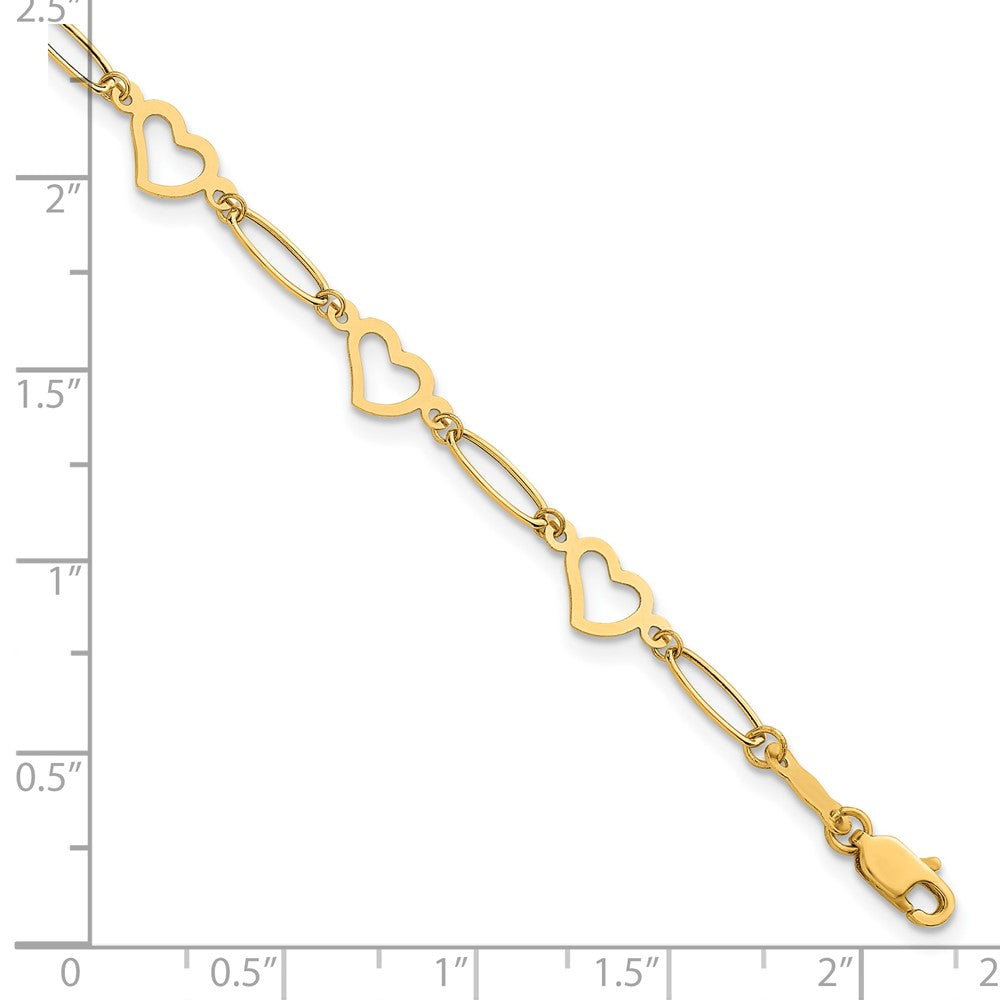 14K Yellow Gold Polished Oval Link and Hearts 7.5in Bracelet