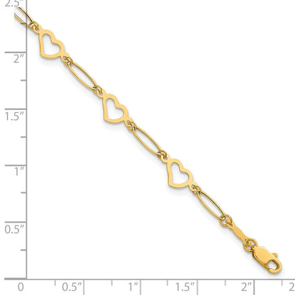 14K Yellow Gold Polished Oval Link and Hearts 7.5in Bracelet