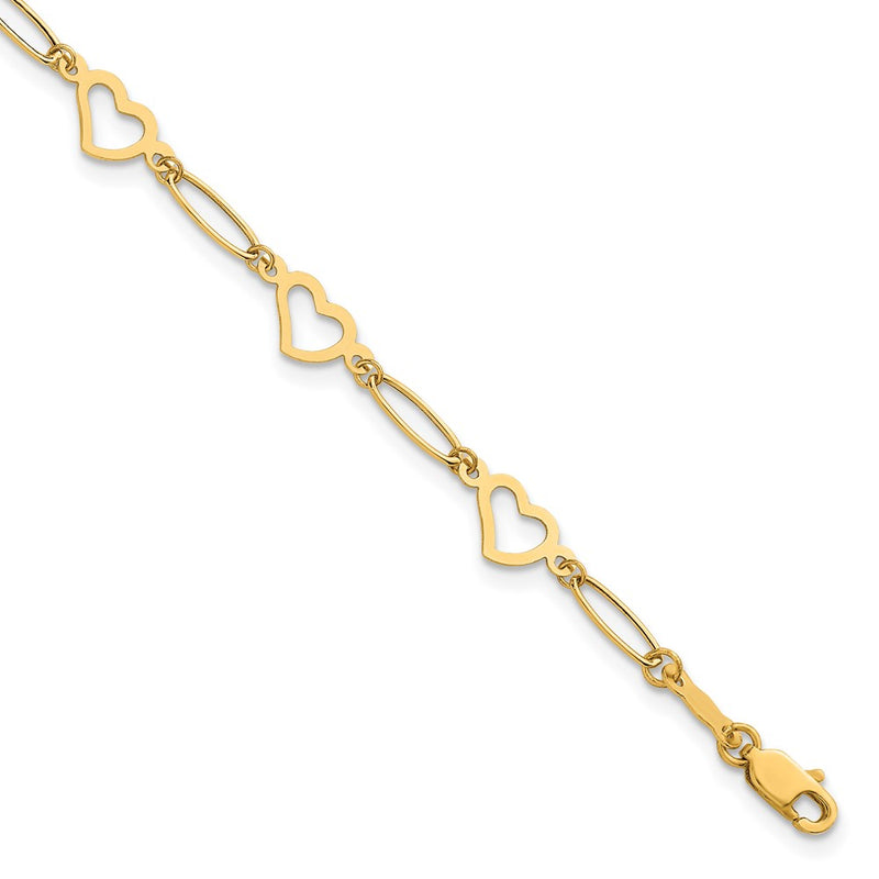 14K Yellow Gold Polished Oval Link and Hearts 7.5in Bracelet