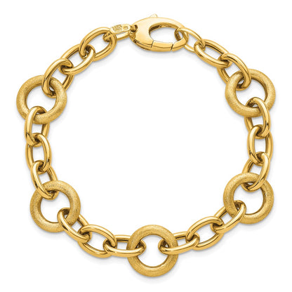 14K Yellow Gold Polished and Textured Fancy Oval and Round Link 7.5 Inch Bracelet