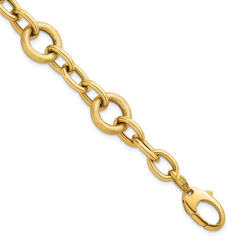 14K Yellow Gold Polished and Textured Fancy Oval and Round Link 7.5 Inch Bracelet