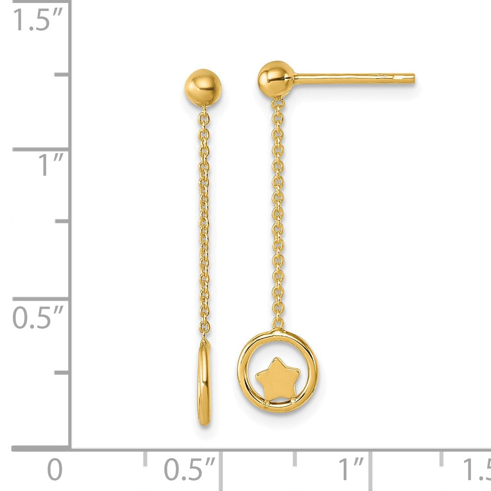 14K Yellow Gold Polished Stars in Circle Dangle Post Earrings