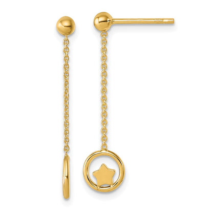 14K Yellow Gold Polished Stars in Circle Dangle Post Earrings