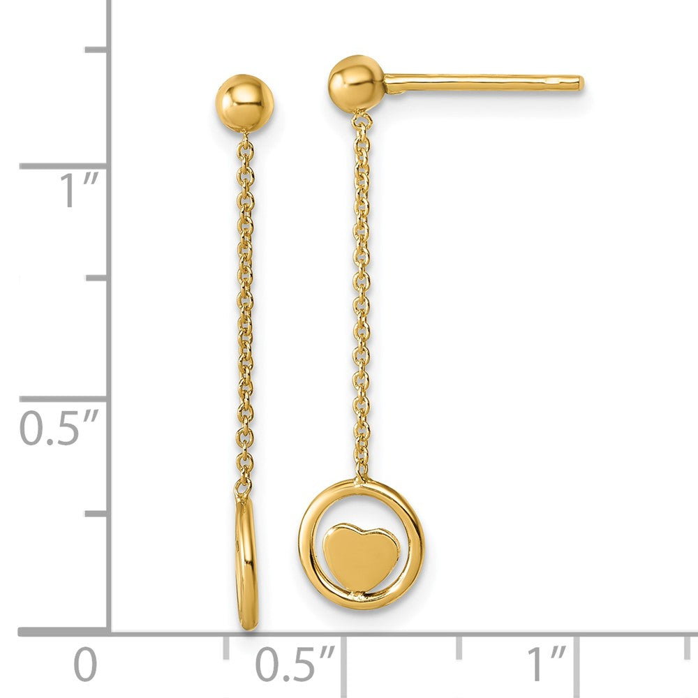 14K Yellow Gold Polished Heart in Circle Dangle Post Earrings
