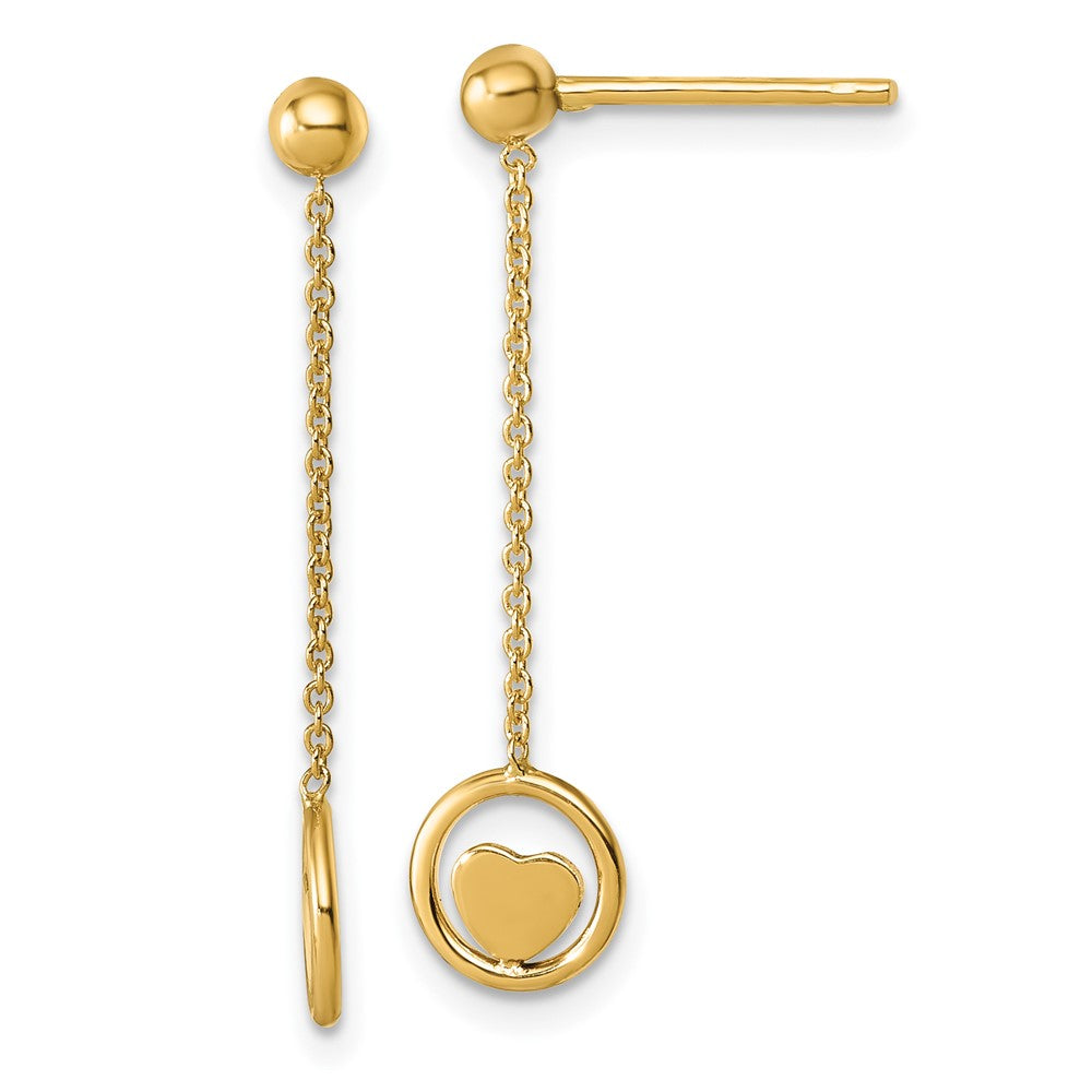 14K Yellow Gold Polished Heart in Circle Dangle Post Earrings