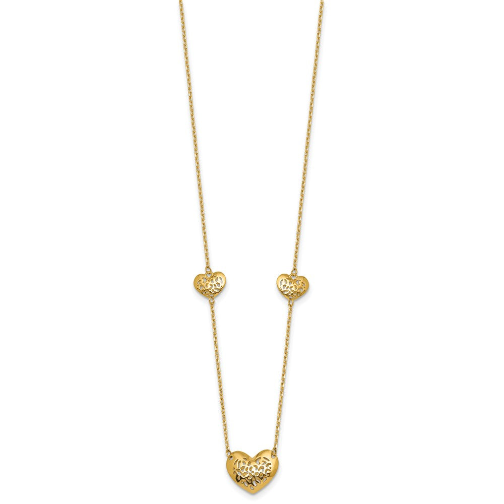 14K Yellow Gold Polished Filigree Puffed Heart 3-Station 16 Inch Necklace Plus 2 Inch Extender
