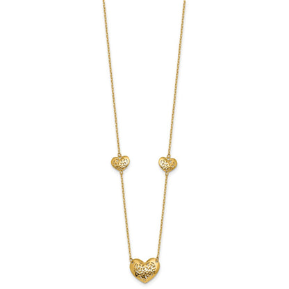 14K Yellow Gold Polished Filigree Puffed Heart 3-Station 16 Inch Necklace Plus 2 Inch Extender
