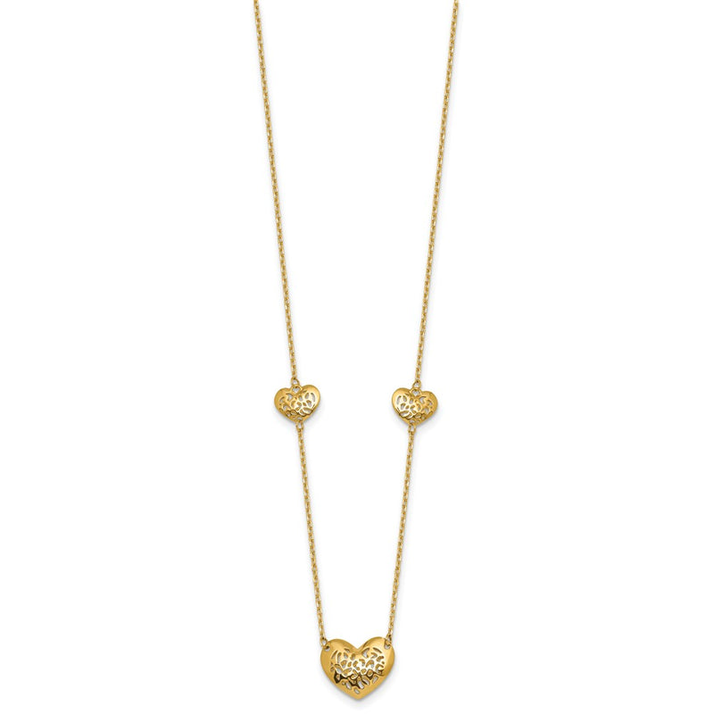 14K Yellow Gold Polished Filigree Puffed Heart 3-Station 16 Inch Necklace Plus 2 Inch Extender