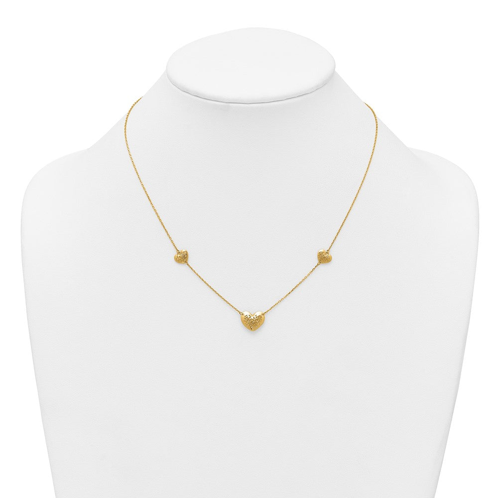 14K Yellow Gold Polished Filigree Puffed Heart 3-Station 16 Inch Necklace Plus 2 Inch Extender