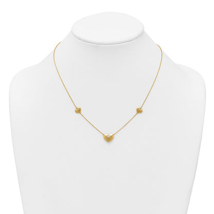 14K Yellow Gold Polished Filigree Puffed Heart 3-Station 16 Inch Necklace Plus 2 Inch Extender