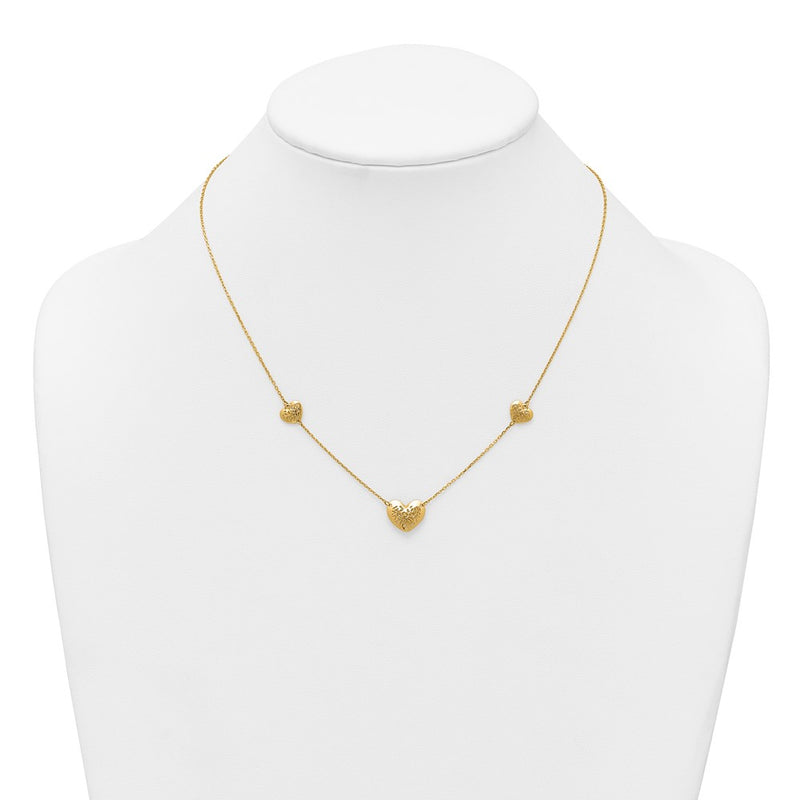 14K Yellow Gold Polished Filigree Puffed Heart 3-Station 16 Inch Necklace Plus 2 Inch Extender
