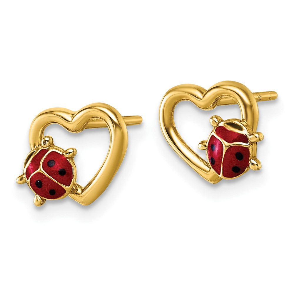 14K Yellow Gold Polished Heart with Enameled Lady Bug Post Earrings