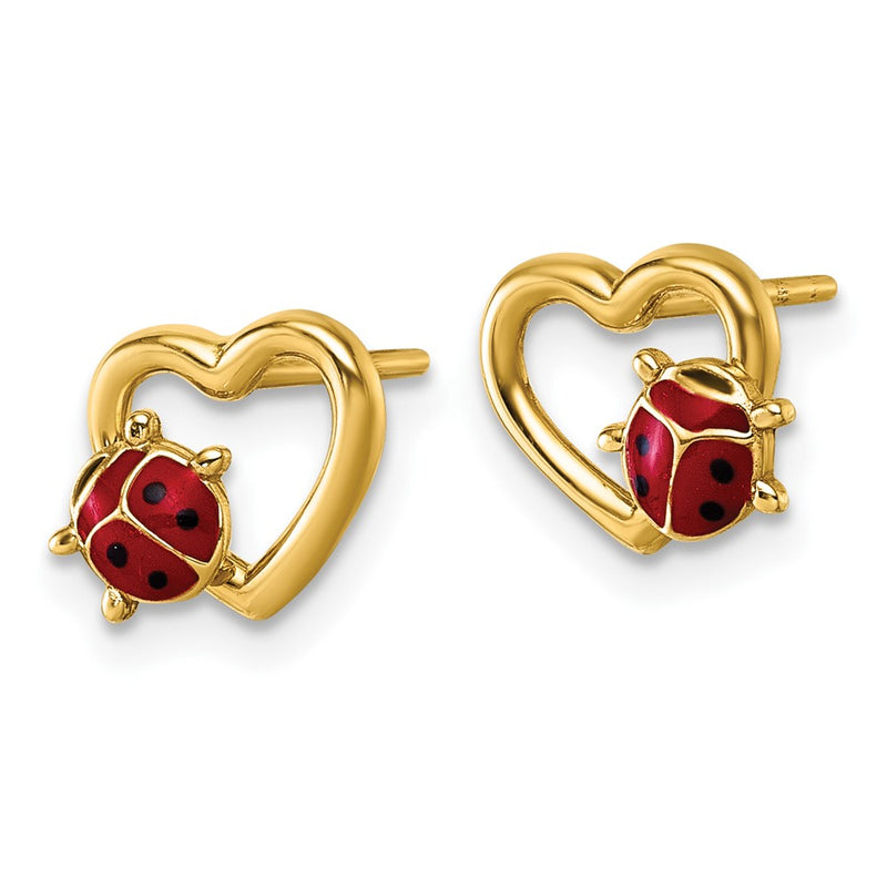 14K Yellow Gold Polished Heart with Enameled Lady Bug Post Earrings