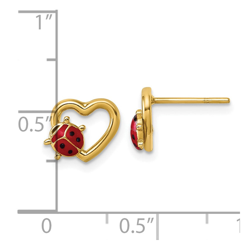 14K Yellow Gold Polished Heart with Enameled Lady Bug Post Earrings