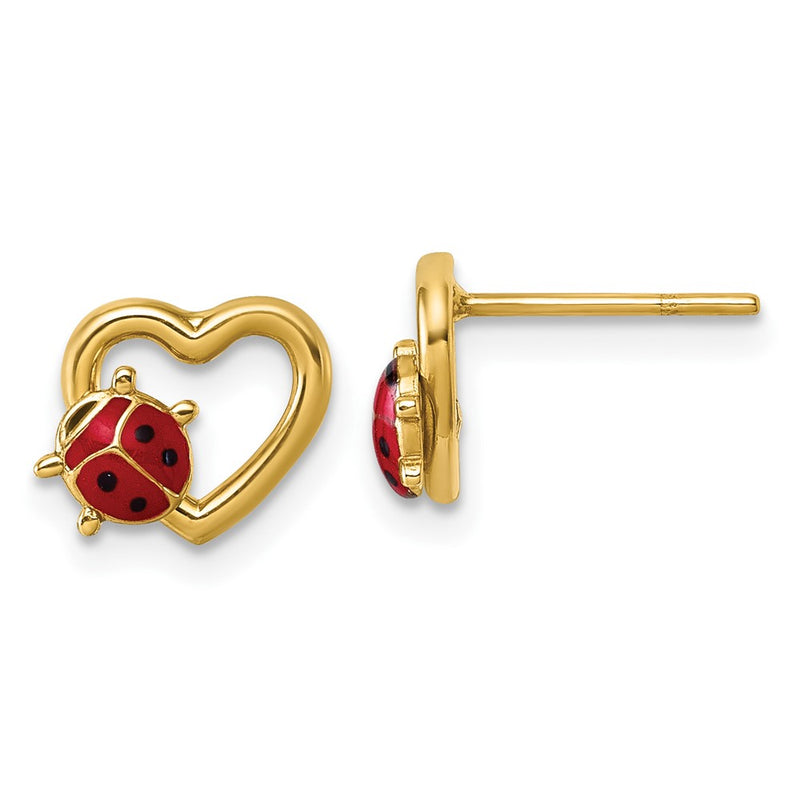 14K Yellow Gold Polished Heart with Enameled Lady Bug Post Earrings