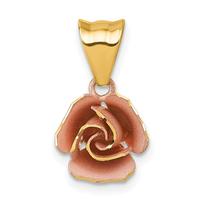 14K Yellow & Rhodium W/ Rose Plating Brushed Rose Flower Pendant