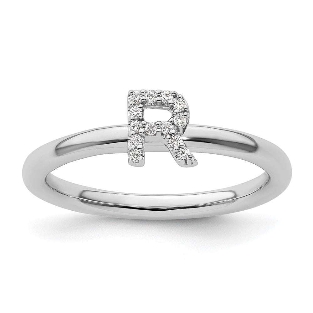 14K White Gold Stackable Diamond Initial R Size 7 Ring