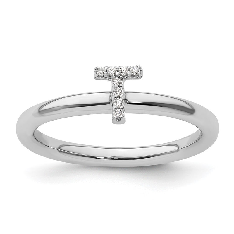 14K White Gold Stackable Diamond Initial T Size 7 Ring