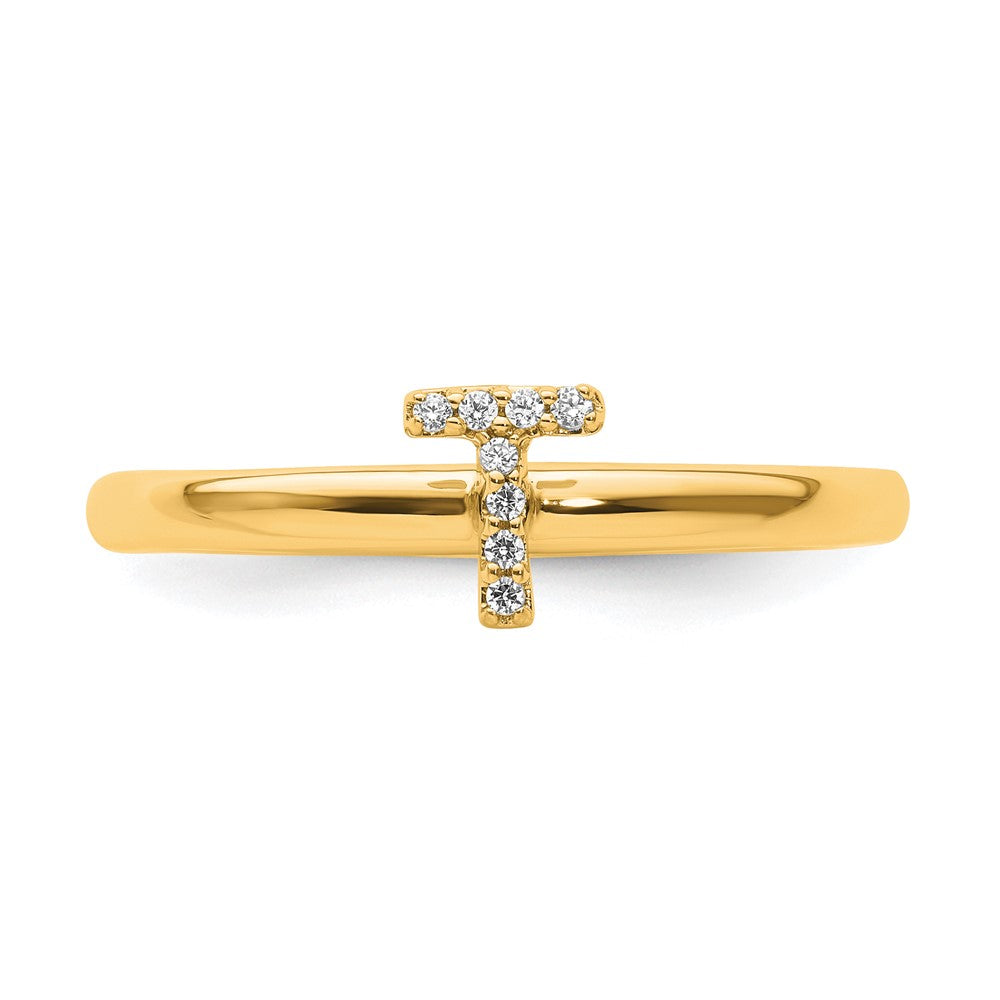 14K Yellow Gold Stackable Diamond Initial T Size 7 Ring