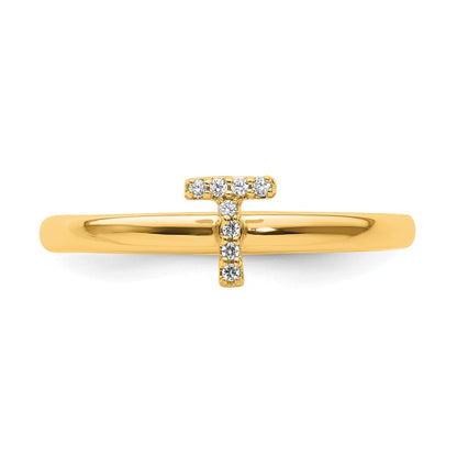 14K Yellow Gold Stackable Diamond Initial T Size 7 Ring