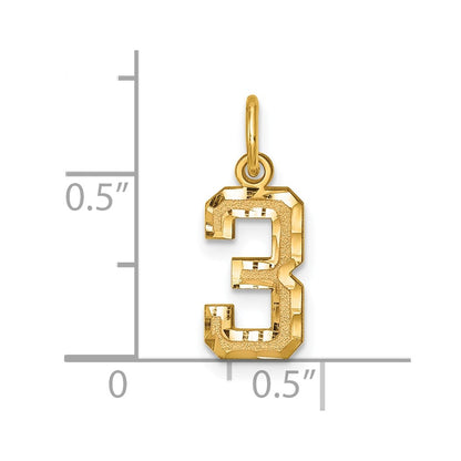 14K Yellow Gold Small Brushed Diamond-Cut Number 3 Charm